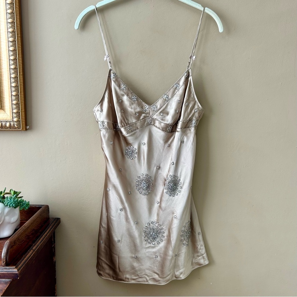 Victoria's Secret Gold Tan Silk Beaded Sequin Cami Spaghetti Strap Baby Doll M - Picture 2 of 10